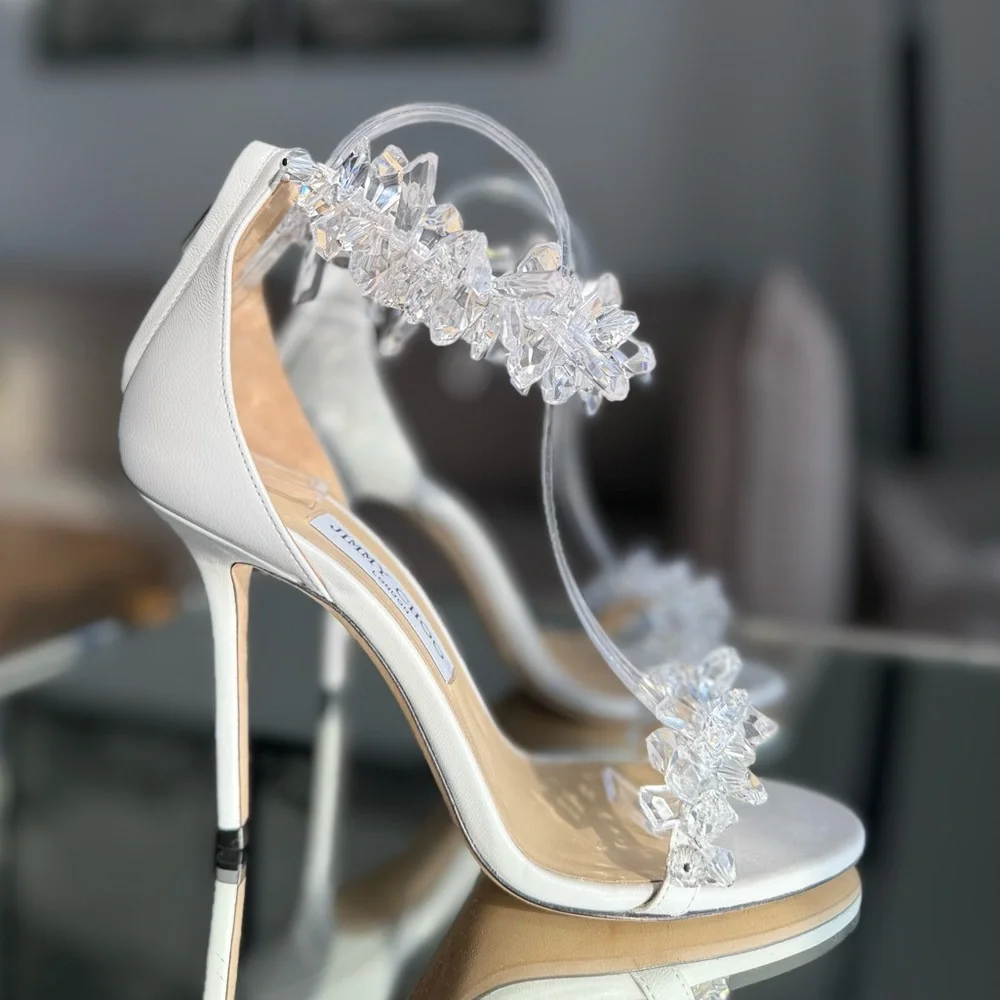 New Jimmy Choo White Maisel 100 Crystal Embellished Leather Sandals 38